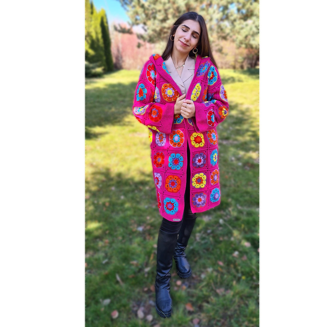 Hooded Crochet Long Cardigan, Granny Square Afghan Cardigan, Daisy Women Jacket, Hippie Jacket, Boho Coat, Patchwork Knitted Knitwear