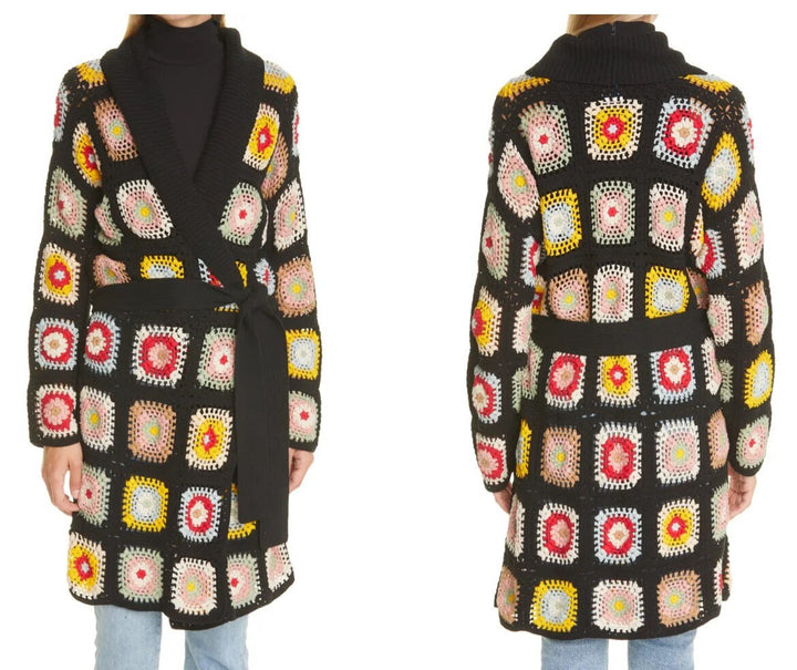 Granny Square Afghan Cardigan, Colorful kaleidoscope of Crochet Blocks, Knitted Crochet Coat, Cotton Patchwork Cardigan, Long Sweater