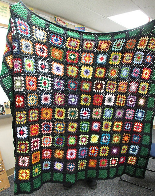 Dark Shadows Blanket, Granny Square Afghan Blanket, Vintage Crochet TV Blanket, Bedspread Throw, Knitted large sofa blanket