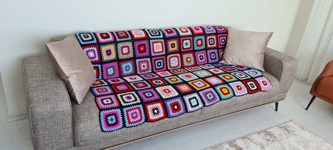 40" 65" Crocheted Rectangular Granny Square Afghan Blanket Sofa Throw, Bedspread Throw, Knitted sofa blanket, Living room decor