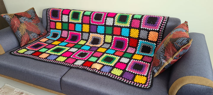 50"x 70" Crocheted Afghan Blanket, Crochet Afghan Throw Blanket, Sofa Blanket, Bedspread Throw, Granny Square, Living Room Decor