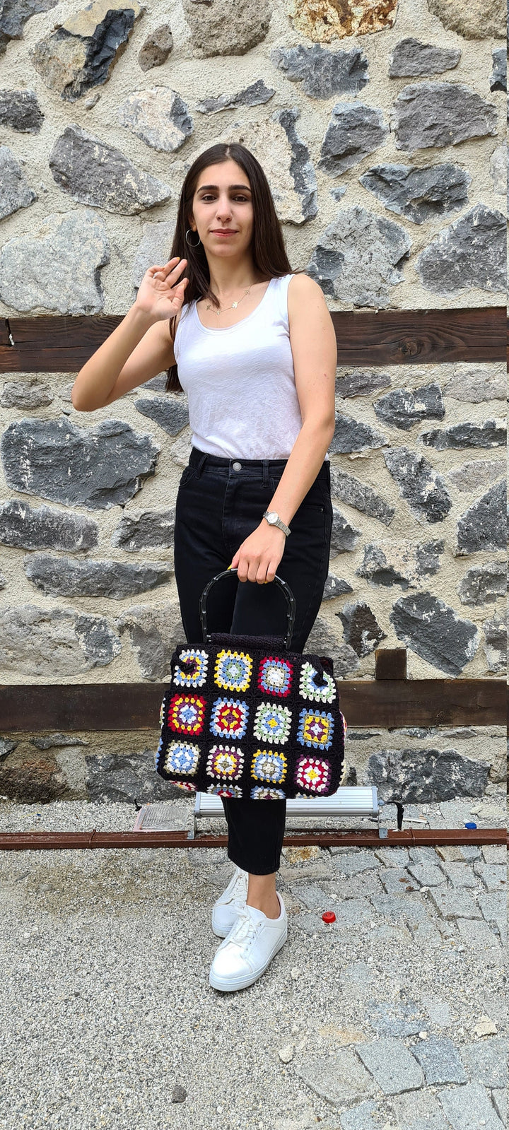 Crochet Afghan Toto Bag, Granny Square Black Bag, Hobo Bag, Boho Bag, Crochet Purse, Retro Bag, Hippie Bag, Afgan Crochet, Vintage Style