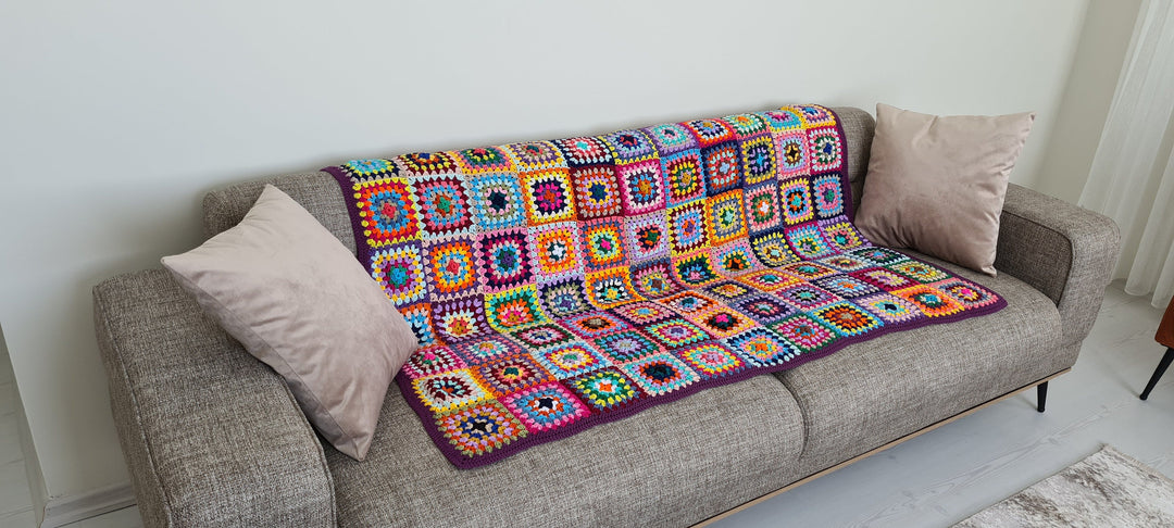 Crochet Afghan Blanket, Multicolour Granny Square Knit Blanket, Tv Blanket, Living Room Decor, Sofa Throw, Crochet Stitches,