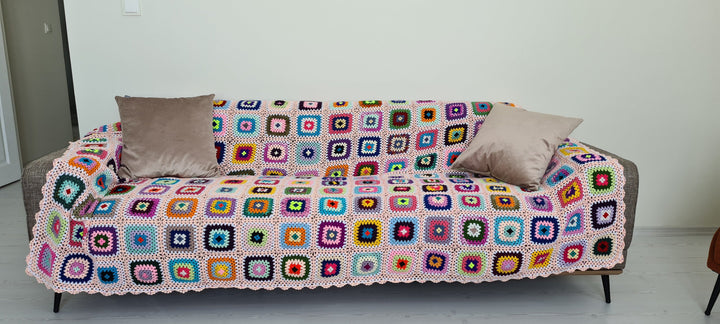 Crochet Afghan Bedspread, Large Crochet BlanketThrow, Knitted Sofa Blanket Granny Square, Retro Blanket