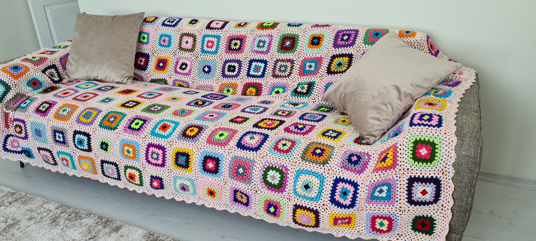 Crochet Afghan Bedspread, Large Crochet BlanketThrow, Knitted Sofa Blanket Granny Square, Retro Blanket