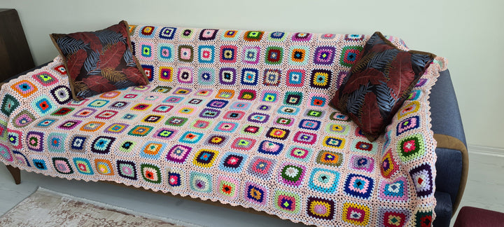 Crochet Afghan Bedspread, Large Crochet BlanketThrow, Knitted Sofa Blanket Granny Square, Retro Blanket