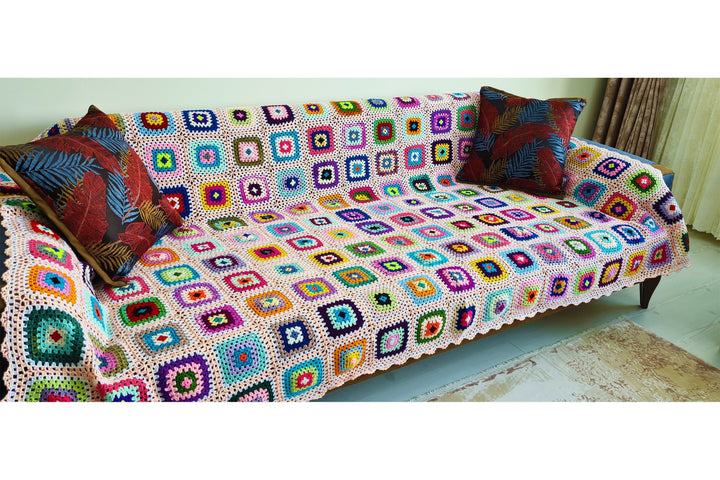 Crochet Afghan Bedspread, Large Crochet BlanketThrow, Knitted Sofa Blanket Granny Square, Retro Blanket