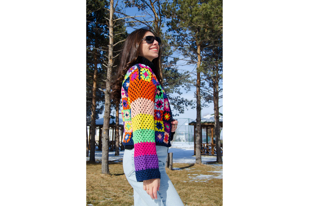 Crochet Afghan Patchwork Colorful Jacket, Knit Crochet Sweater, Hippi Jacket, Boho Sweater, Festival Dress