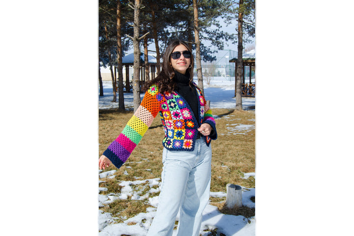 Crochet Afghan Patchwork Colorful Jacket, Knit Crochet Sweater, Hippi Jacket, Boho Sweater, Festival Dress