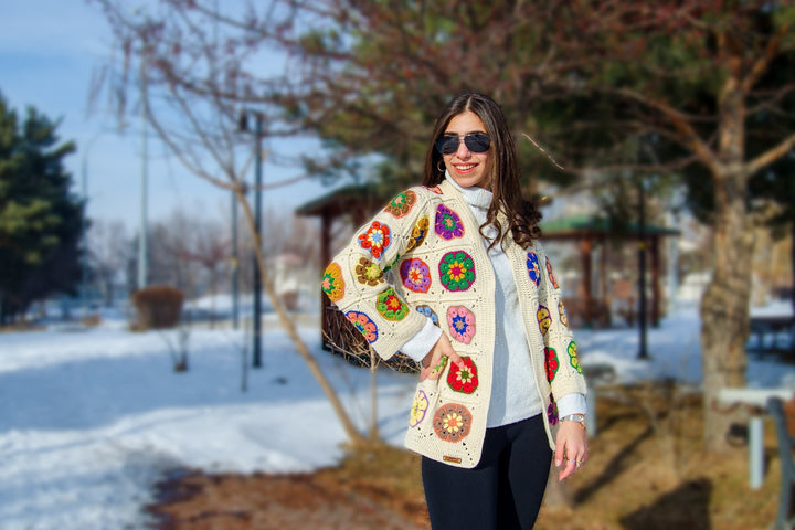 Crochet Afghan Cardigan, Granny Square Colorful Jacket, African Flowers Patchwork Jacket, Knitted Crochet Coat, Boho Cardigan