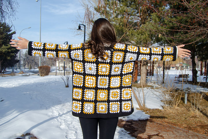 Black Afghan Cardigan, Granny Square Patchwork CottonCardigan, Knitted Crochet Coat, Boho Cardigan, Oversized Sweater, Gift her