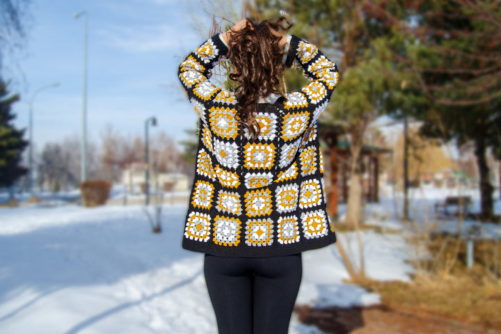 Black Afghan Cardigan, Granny Square Patchwork CottonCardigan, Knitted Crochet Coat, Boho Cardigan, Oversized Sweater, Gift her