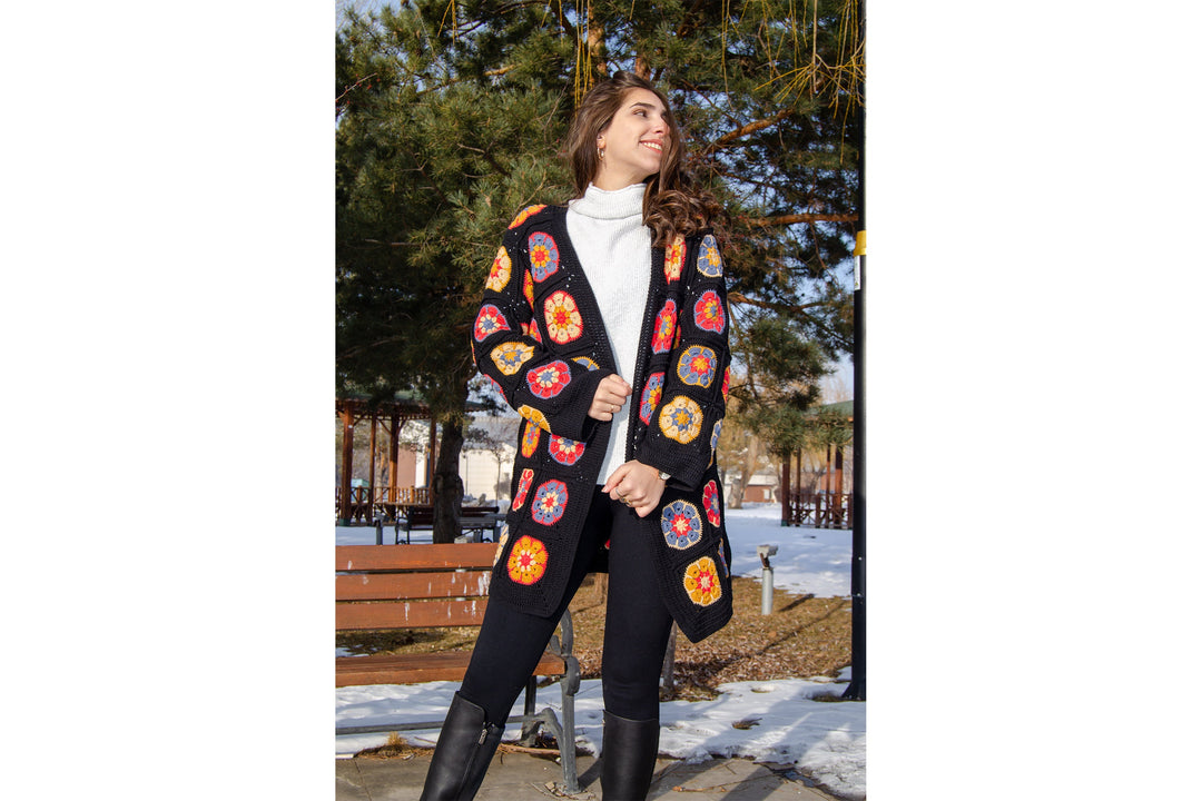 Black Crochet Afghan Cardigan, Granny Squate African Flowers Jacket, Granny Square Colorful Jacket, Knitted Crochet Coat, Boho Cardigan