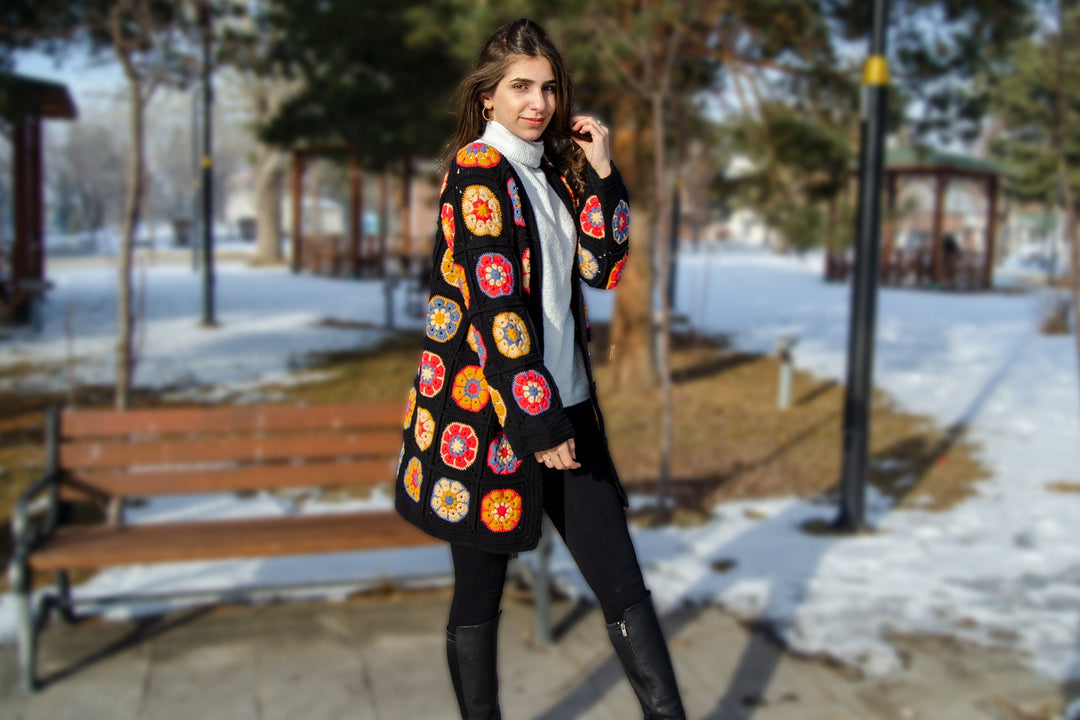 Black Crochet Afghan Cardigan, Granny Squate African Flowers Jacket, Granny Square Colorful Jacket, Knitted Crochet Coat, Boho Cardigan