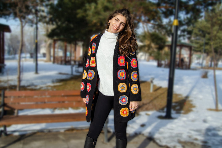 Black Crochet Afghan Cardigan, Granny Squate African Flowers Jacket, Granny Square Colorful Jacket, Knitted Crochet Coat, Boho Cardigan