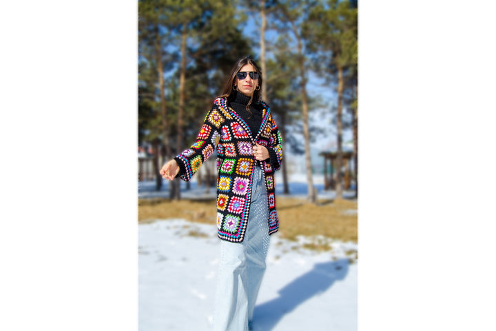 Granny Square Crochet Cardigan, Woman Coat Sweater Cardigan, Afghan Patchwork Cardigan, Knitted Crochet Coat, Hooded Jacket, Boho Cardigan