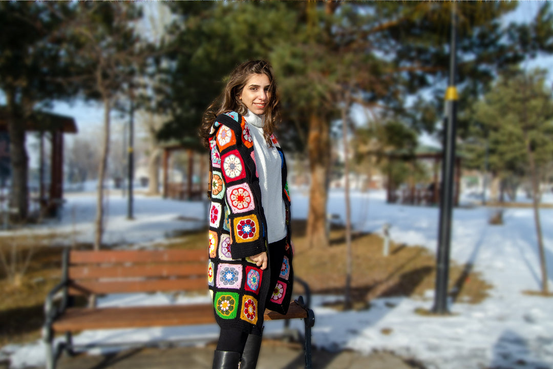 Black Crochet Africa Daisy Long Cardigan, Afghan Cardigan, Women Coat, Granny Square, Patchwork Colorful Cardigan