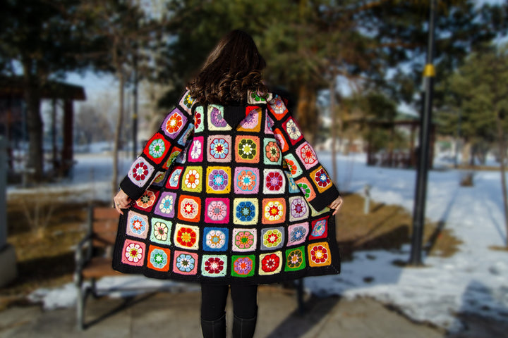 Black Crochet Africa Daisy Long Cardigan, Afghan Cardigan, Women Coat, Granny Square, Patchwork Colorful Cardigan