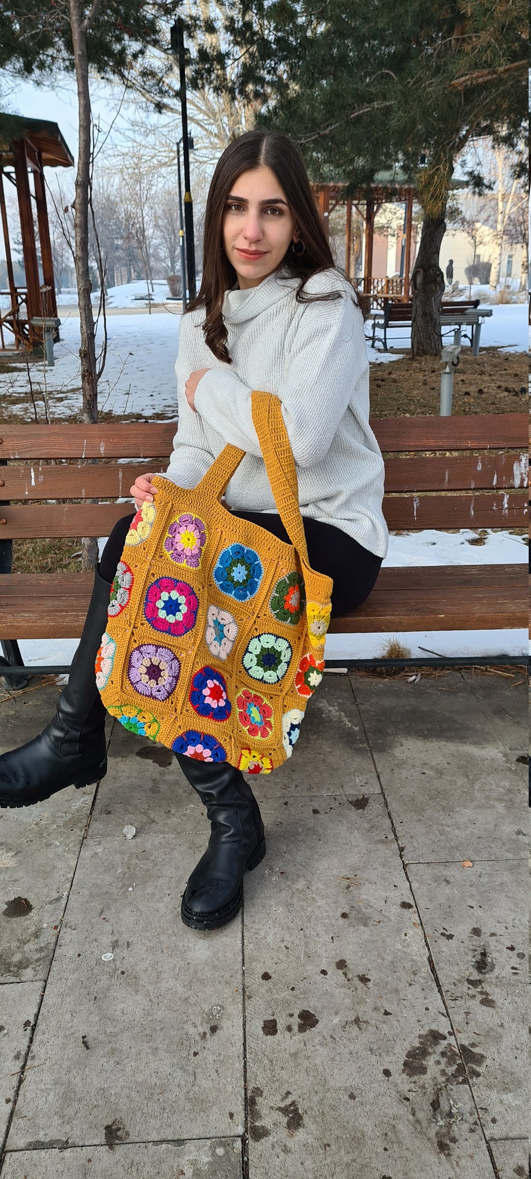 Crochet Daisy Bag, Mustard Yellow Granny Square Bag, Crochet Afghan Bag, Boho Bag, Crochet Purse, Hippie Bag,Afgan Crochet, Vintage Style