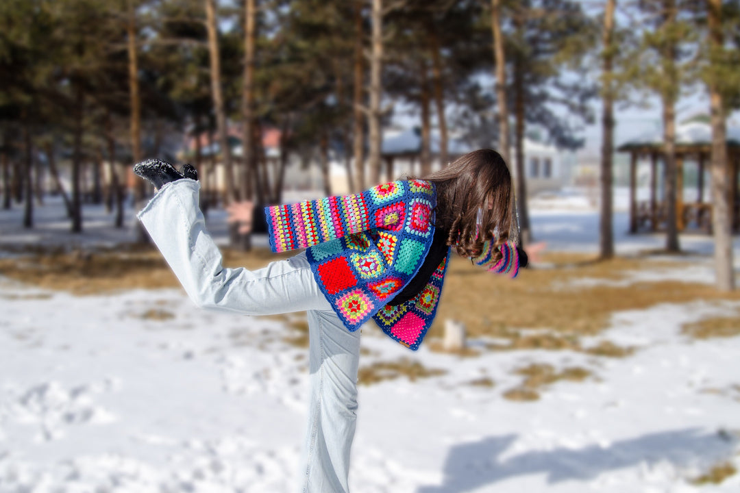 Ready to ship Blue Knitted Patchwork Cardigan, Crochet Granny Square Jacket, Knit Patchwork Coat, Knitted Crochet Coat, Boho Cardigan