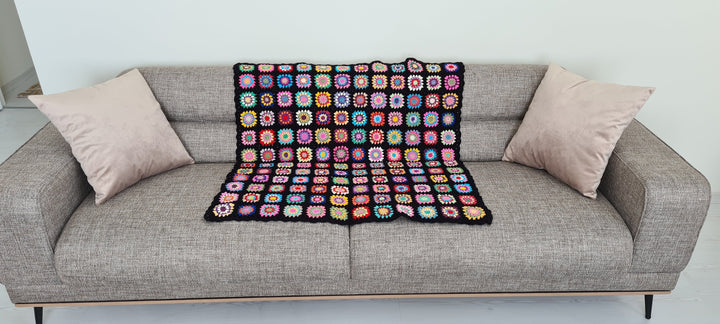 40"X40" Crochet Afghan Black Blanket, Multicolor Daisy Blanket, Grannysquare Blanket, Tv Blanket, Cotton Blanket