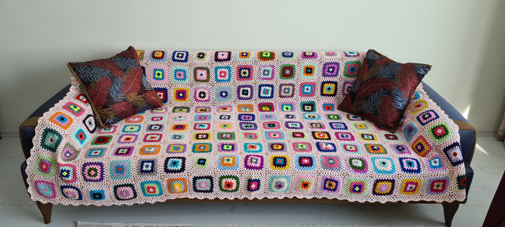 Crochet Afghan Bedspread, Large Crochet BlanketThrow, Knitted Sofa Blanket Granny Square, Retro Blanket