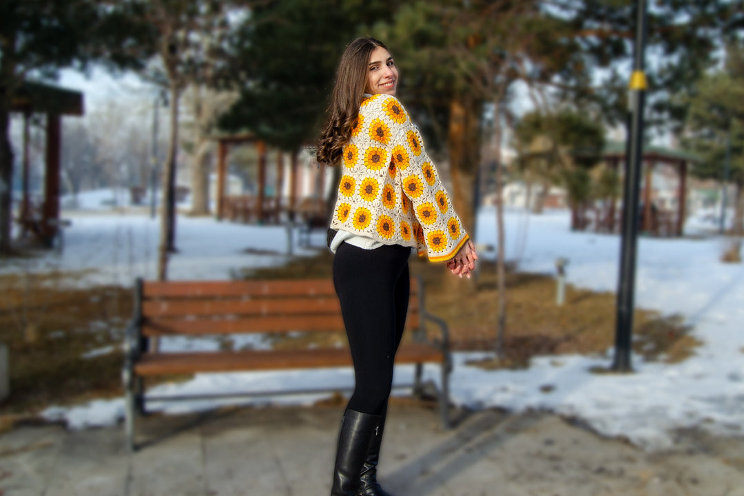 Beige Sunflower Granny Square Cotton Sweater, Knitted Afghan Sweater, Knit Cotton Patchwork Sweater, Boho Style Hippie Festival top