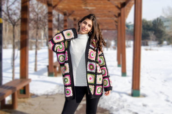 Black Crochet Afghan Cardigan, Granny Square Colorful Jacket, Patchwork Coat, Knitted Crochet Coat, Boho Cardigan, Women Dress