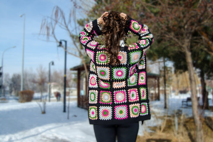 Black Crochet Afghan Cardigan, Granny Square Colorful Jacket, Patchwork Coat, Knitted Crochet Coat, Boho Cardigan, Women Dress