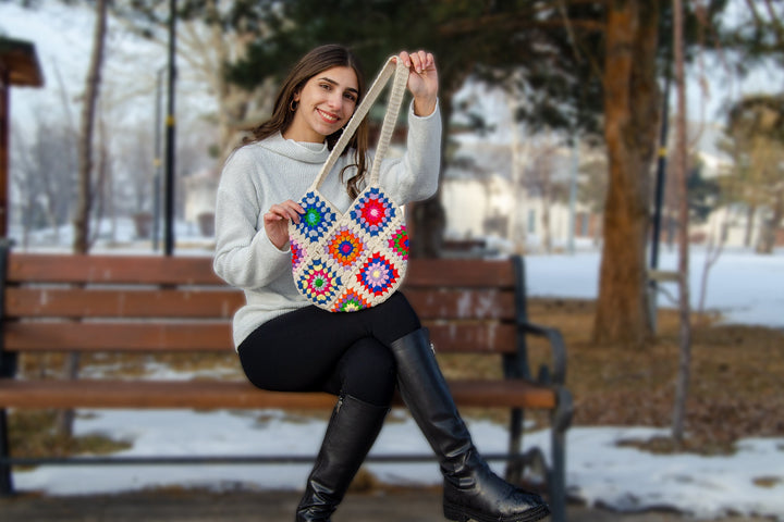 Granny Square White Bag, Crochet Bag Afghan, Summer Beach Bag, Hobo Bag, Crochet Purse, Retro Bag, Hippie Bag, Bohemian Bag Vintage Style