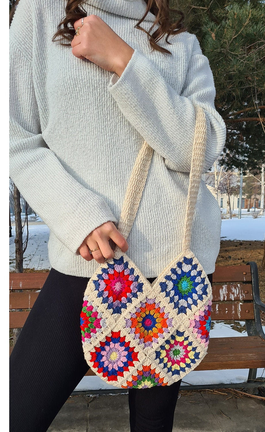 Granny Square White Bag, Crochet Bag Afghan, Summer Beach Bag, Hobo Bag, Crochet Purse, Retro Bag, Hippie Bag, Bohemian Bag Vintage Style