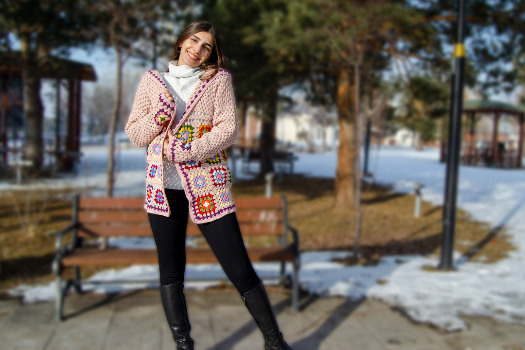 Ready to ship Pink Knitted Granny Square Cardigan, Crochet cardigan, Crochet Women Cotton Afghan Coat, Knit Jacket, Boho Crochet Jacket