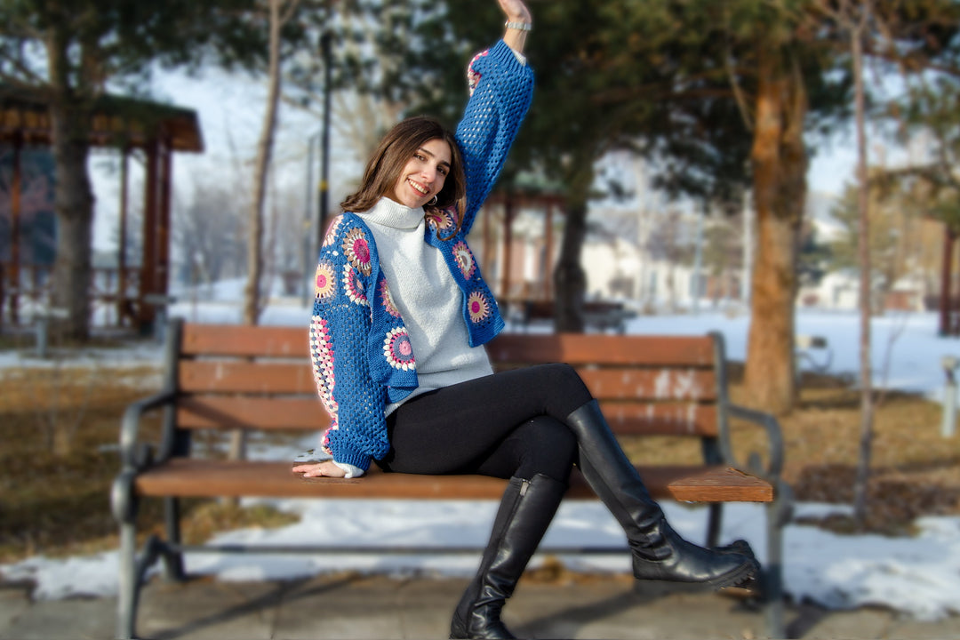 Blue Crochet Jacket, Granny Square Sweater, Knit Patchwork Coat, Knitted Crochet Cardigan, Boho Cardigan, Women Dress