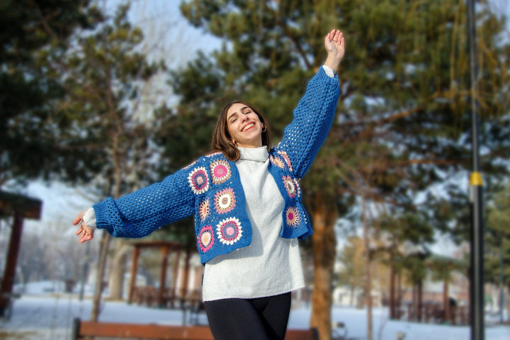 Blue Crochet Jacket, Granny Square Sweater, Knit Patchwork Coat, Knitted Crochet Cardigan, Boho Cardigan, Women Dress