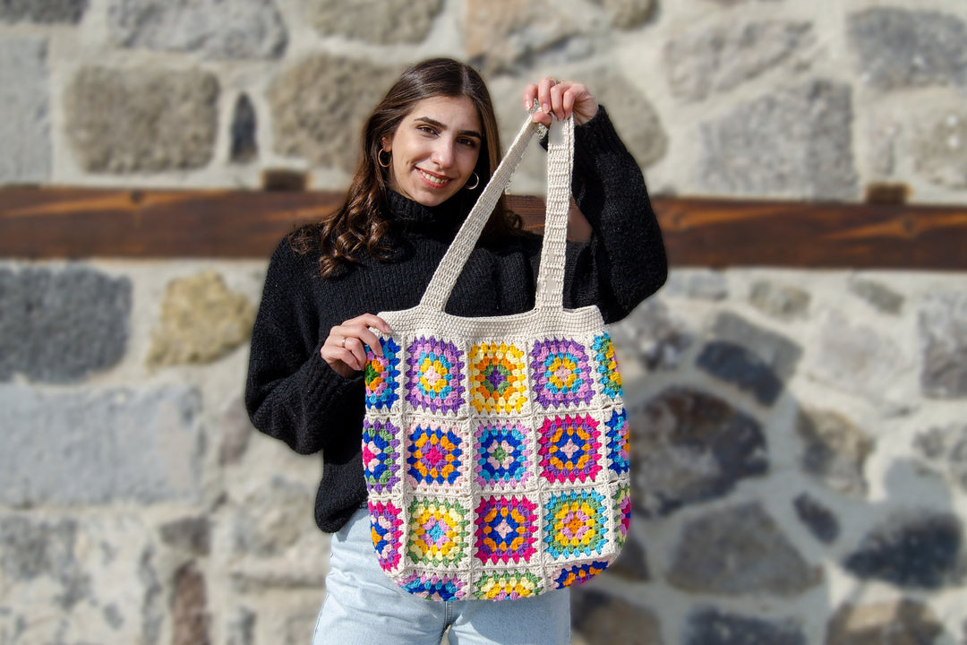 Crochet Bag Afghan, Granny Square Ecru Bag, Hobo Bag, Boho Bag, Crochet Purse, Retro Bag, Hippie Bag, Afgan Crochet, Vintage Style