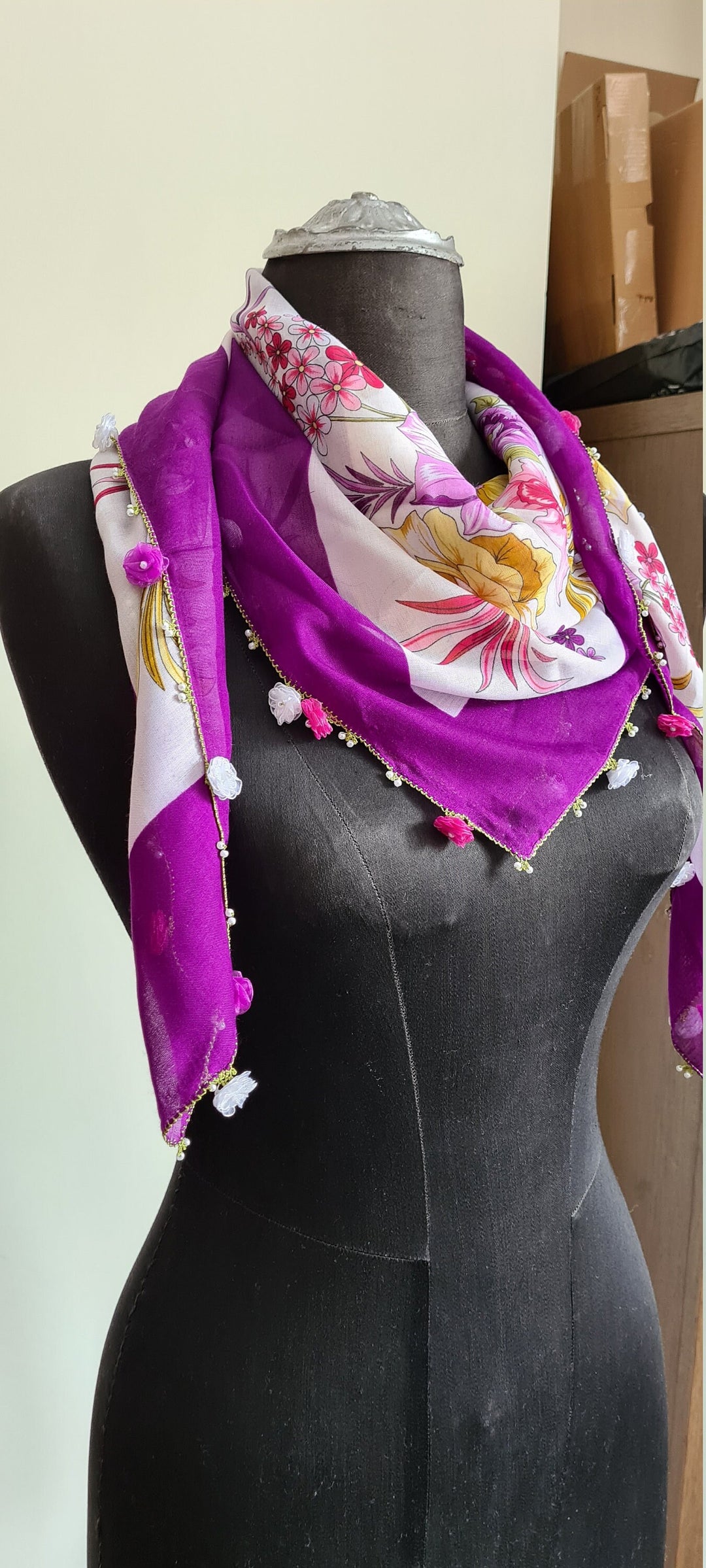 Traditional Turkish Yemeni, Purple Oya Scarf, Beaded Trim Cotton Scarf, Anatolian Floral Scarf, Crochet Oya Scarf, Cotton Floral Scarf