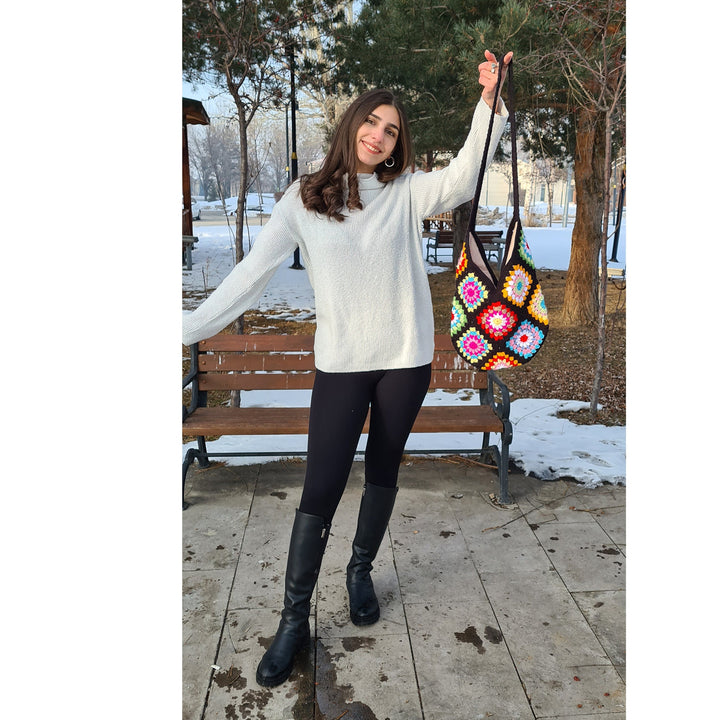 Black Crochet Tote Bag, Granny Square Afghan Bag, Hobo Bag, Boho Bag, Crochet Purse, Retro Bag, Hippie Bag, Afgan Crochet, Vintage Style