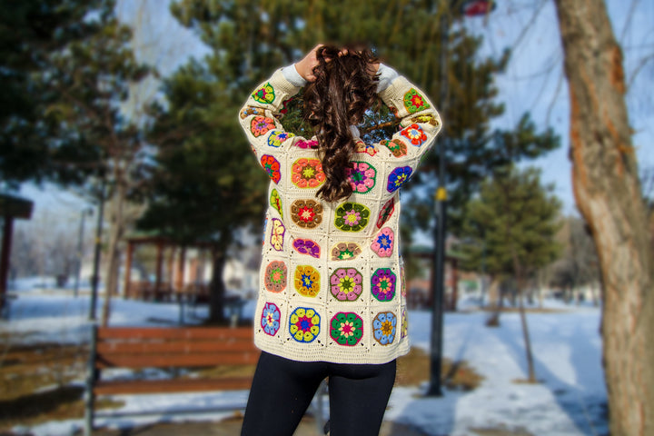 Crochet Afghan Cardigan, Granny Square Colorful Jacket, African Flowers Patchwork Jacket, Knitted Crochet Coat, Boho Cardigan