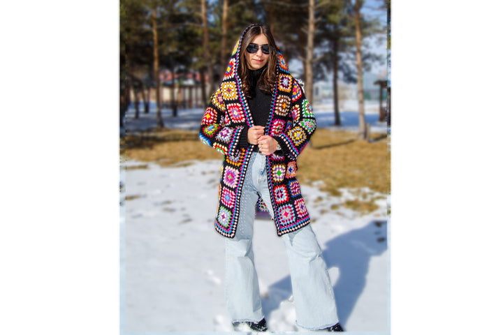 Granny Square Crochet Cardigan, Woman Coat Sweater Cardigan, Afghan Patchwork Cardigan, Knitted Crochet Coat, Hooded Jacket, Boho Cardigan