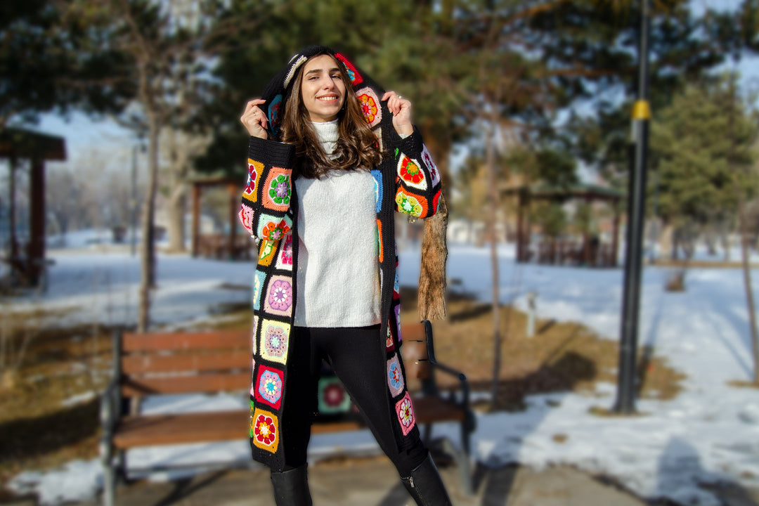 Black Crochet Africa Daisy Long Cardigan, Afghan Cardigan, Women Coat, Granny Square, Patchwork Colorful Cardigan