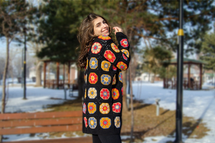 Black Crochet Afghan Cardigan, Granny Squate African Flowers Jacket, Granny Square Colorful Jacket, Knitted Crochet Coat, Boho Cardigan