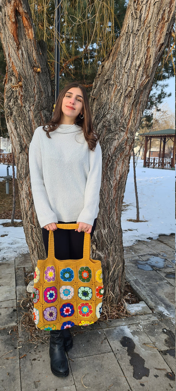 Crochet Daisy Bag, Mustard Yellow Granny Square Bag, Crochet Afghan Bag, Boho Bag, Crochet Purse, Hippie Bag,Afgan Crochet, Vintage Style