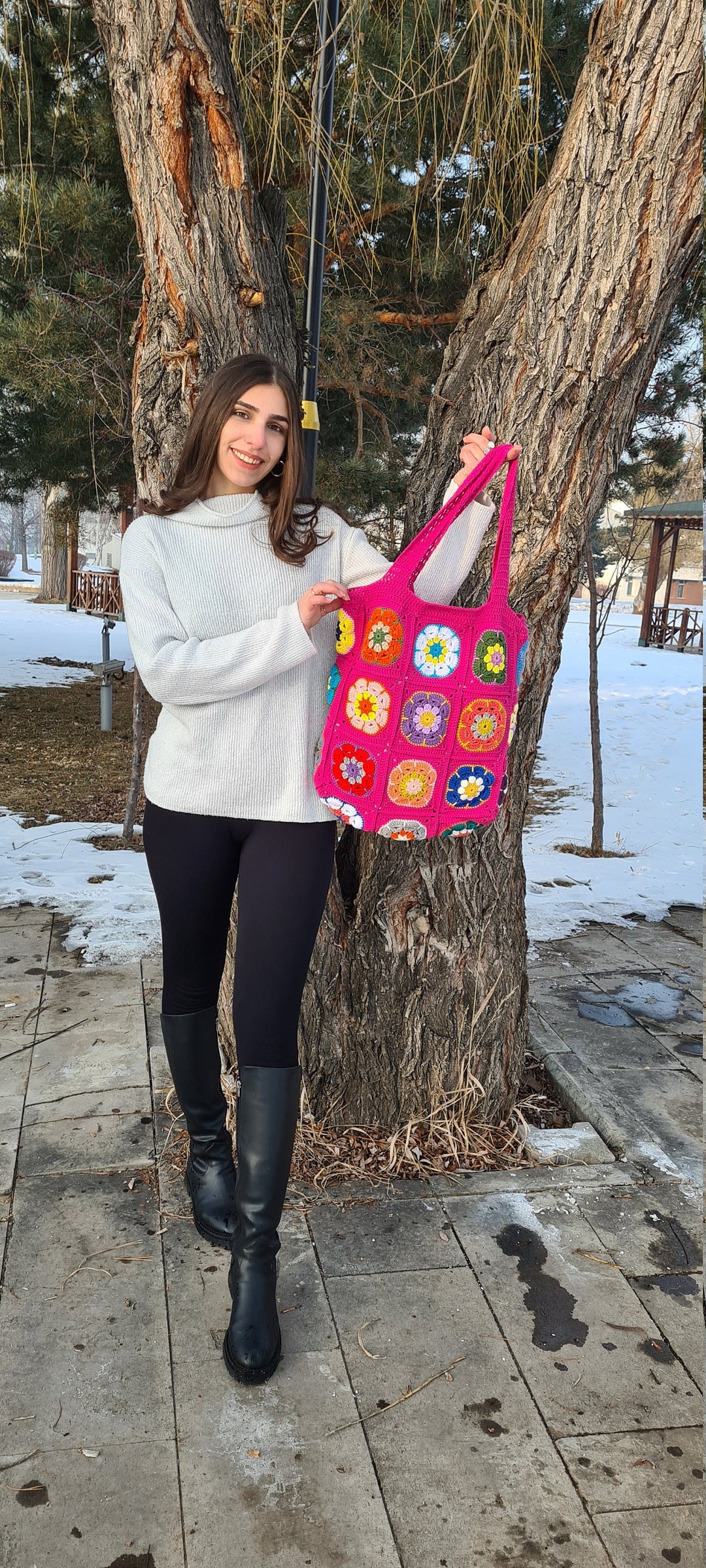 Crochet Daisy Bag, Pink Granny Square Bag, Crochet Afghan Bag, Boho Bag, Crochet Purse, Hippie Bag,Afgan Crochet, Vintage Style