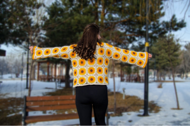 Beige Sunflower Granny Square Cotton Sweater, Knitted Afghan Sweater, Knit Cotton Patchwork Sweater, Boho Style Hippie Festival top