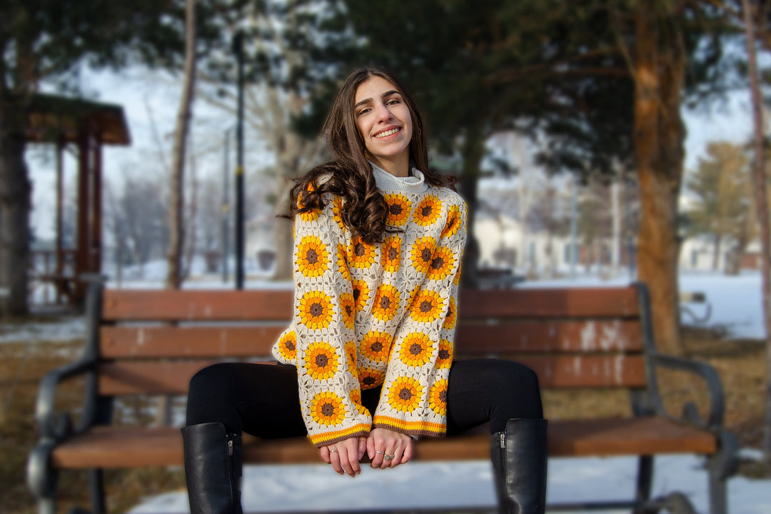 Beige Sunflower Granny Square Cotton Sweater, Knitted Afghan Sweater, Knit Cotton Patchwork Sweater, Boho Style Hippie Festival top