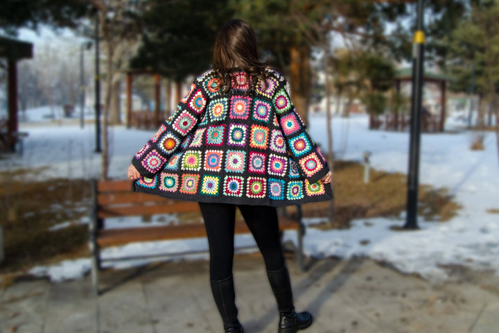 Black Crochet Cardigan, Granny Square Afghan Cardigan, Knitted Crochet Coat, Cotton Cardigan, Crochet Jacket,  Long Oversized Sweater