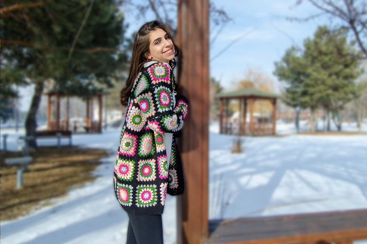 Black Crochet Afghan Cardigan, Granny Square Colorful Jacket, Patchwork Coat, Knitted Crochet Coat, Boho Cardigan, Women Dress