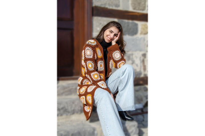 Brown Granny Square Long Afghan Cardigan, Cotton Patchwork Cardigan, Knitted Crochet Coat, Oversize Jacket, Boho Cardigan