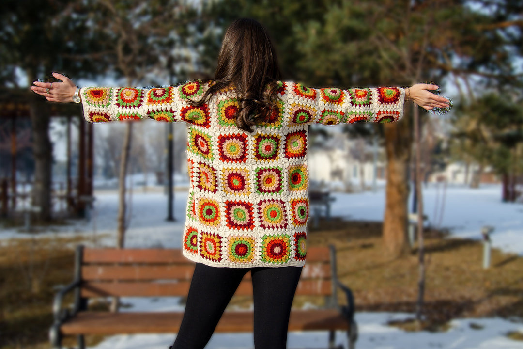 Crochet Women Cotton Cardigan, Granny Square Afghan Coat, Knit Jacket, Boho Crochet Jacket, Hippi Cotton Coat,