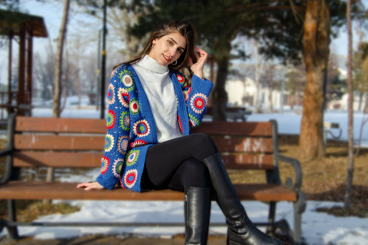 Blue Zara Knit Cardigan, Cotton Patchwork Jacket, Knitted Crochet Coat, Granny Square Jacket, Boho Cardigan, Long Oversized Women Sweater